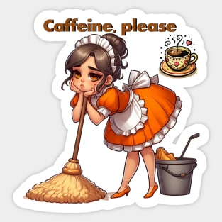 A drawing of a young woman cleaning the house and wanting a cup of coffee. Sticker